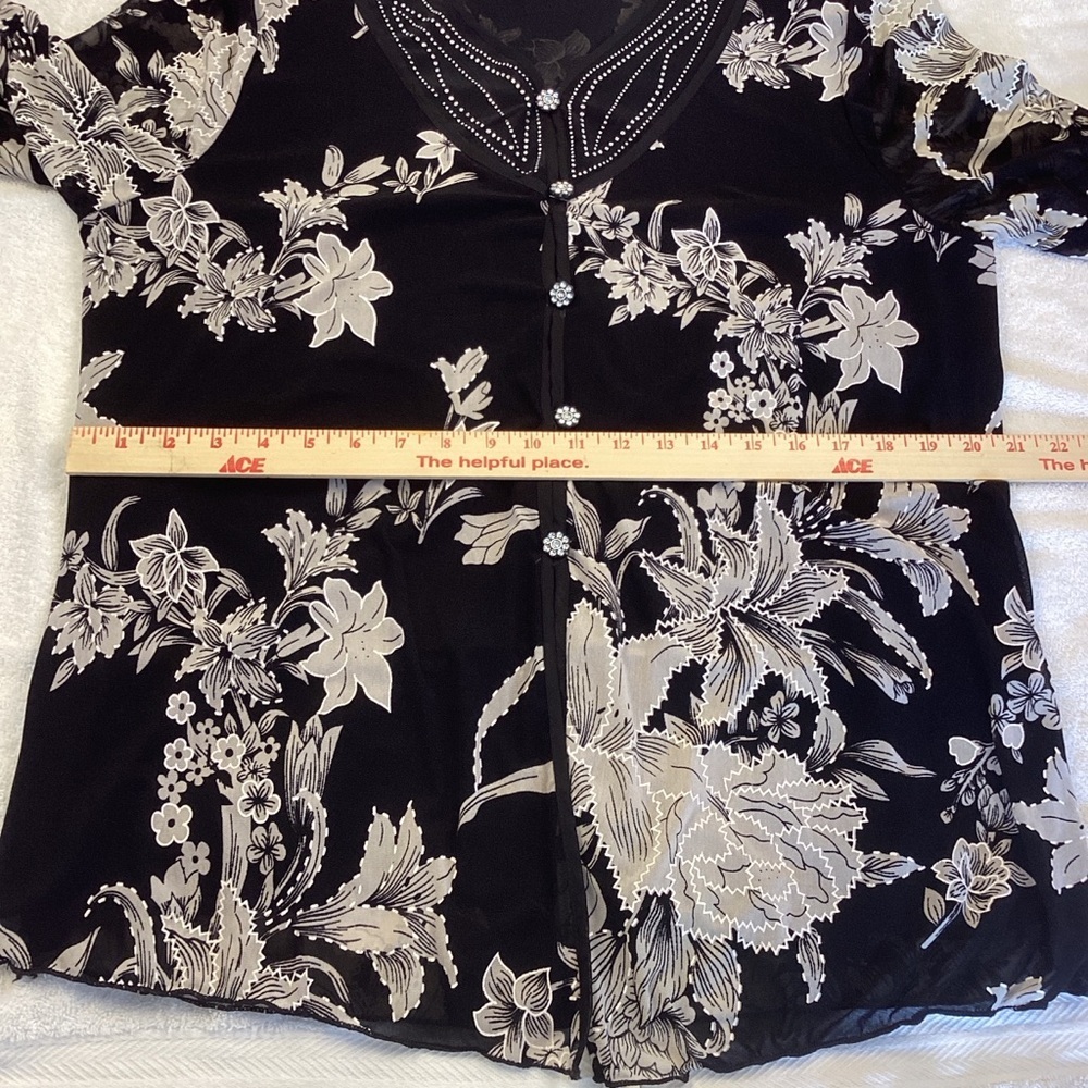 Appointments Black and Grey with Squines and Sparkle Button Floral Women's Top - Picture 9 of 10